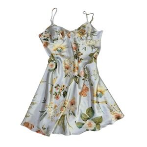 Floral Butterfly Dragonfly Satin Slip Dress White Yellow Medium Summer Mini